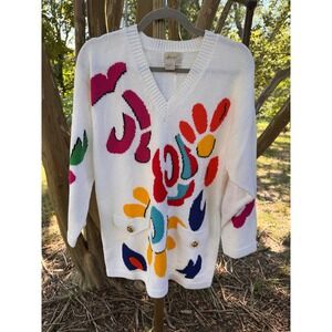 Ann WI Vintage White Colorful Pattern Knit Sweater V-Neck Pockets 90s‎ Retro